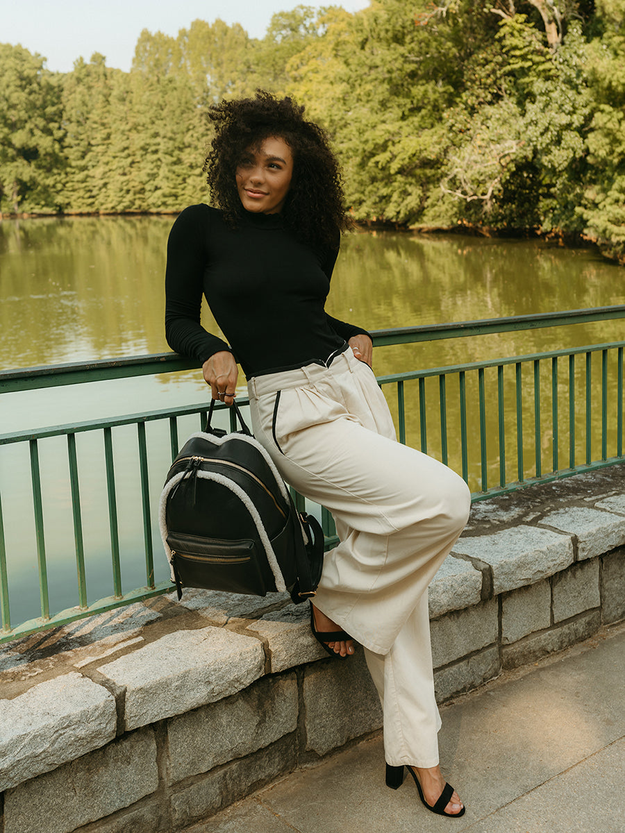 Bria Sherpa Backpack Black model - Jen & Co. vegan handbag