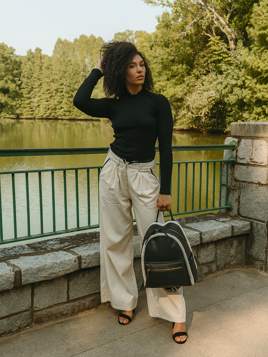 Bria Sherpa Backpack Black model - Jen & Co. vegan handbag