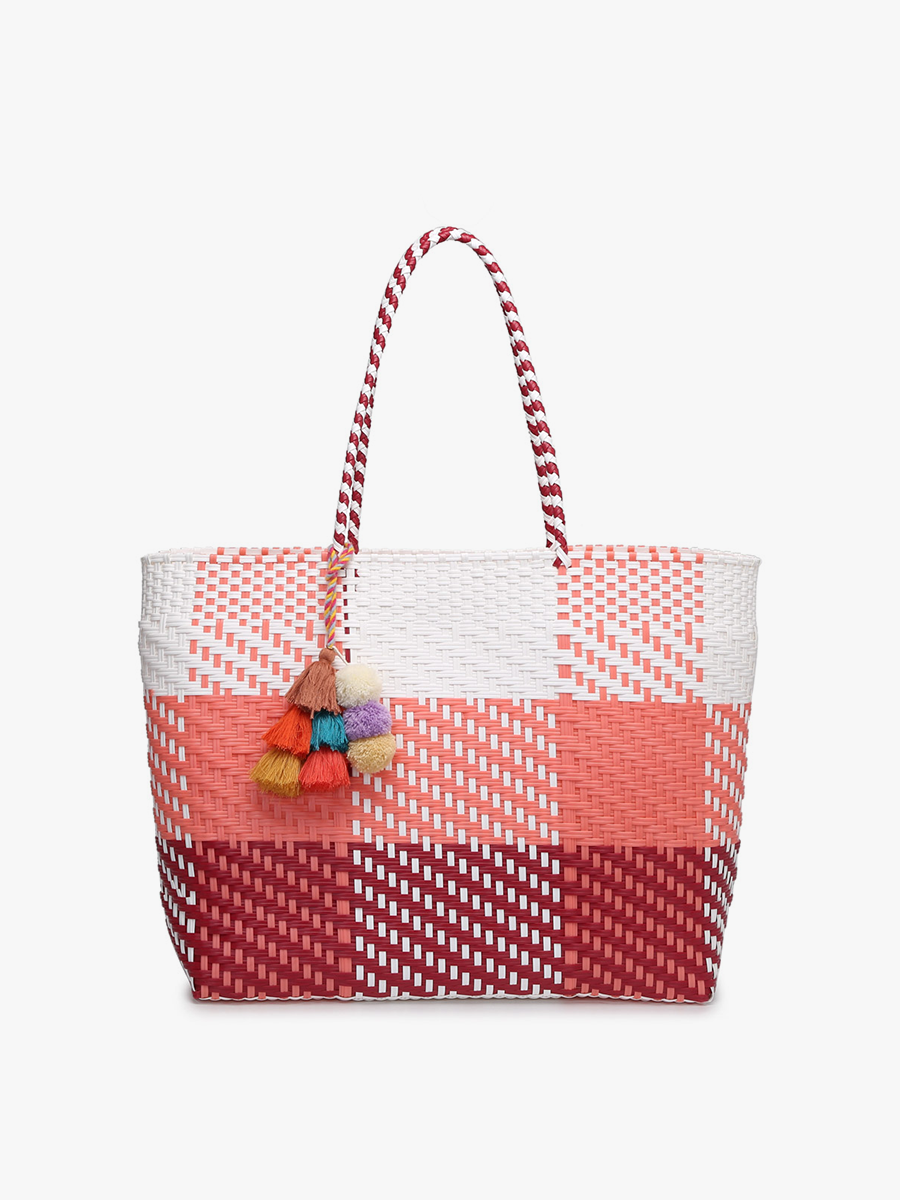 Shelby Handwoven Tote in Plaid-Pink White - Jen & Co. vegan handbag