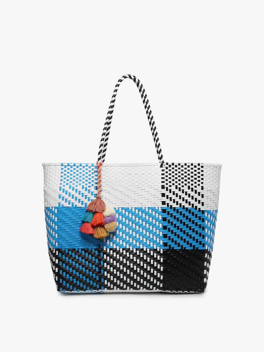 Shelby Handwoven Tote Plaid-Blue White - Jen & Co. vegan handbag