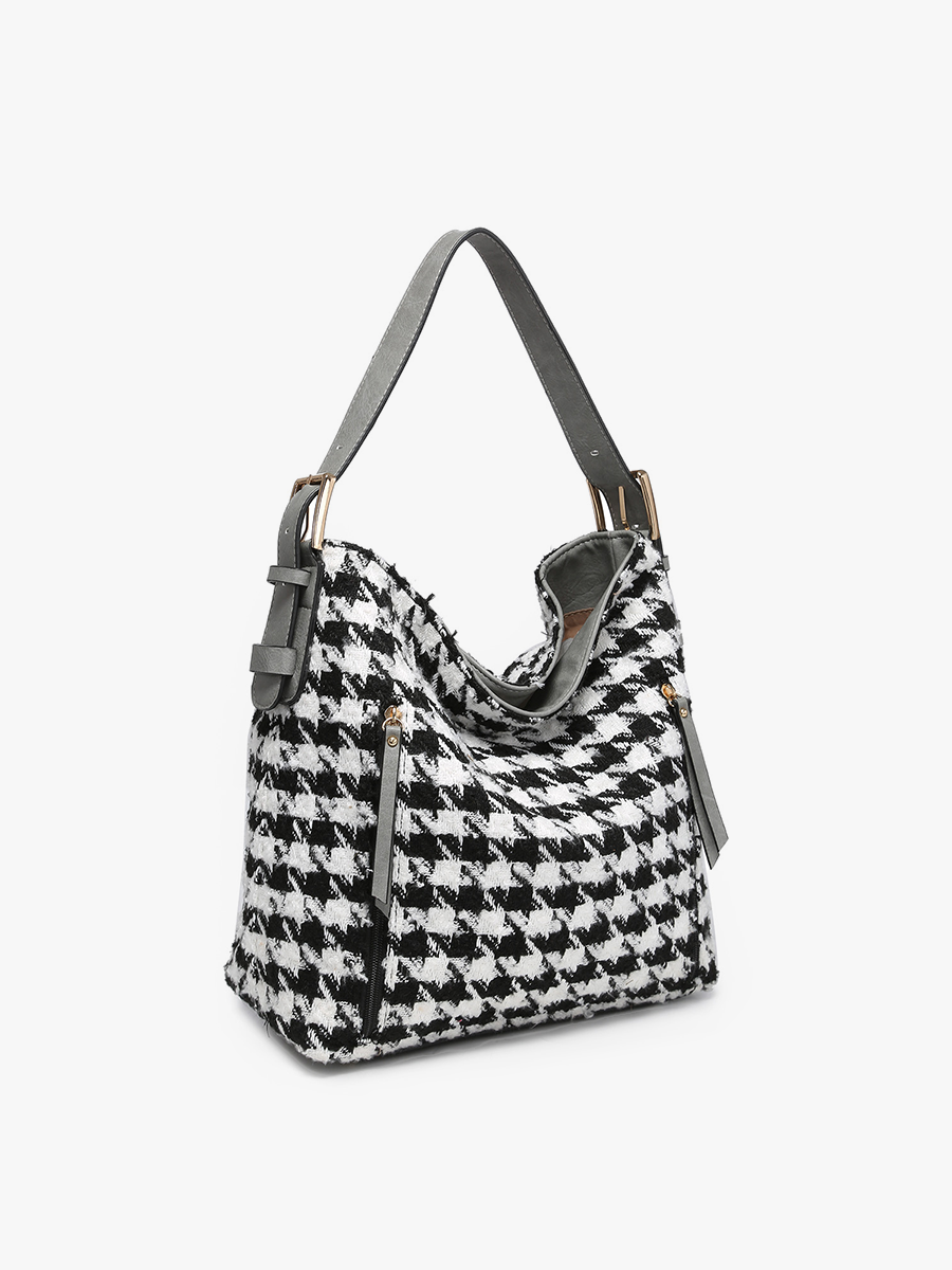 Alexa Vegan Houndstooth Hobo Grey White - Jen & Co. vegan handbag