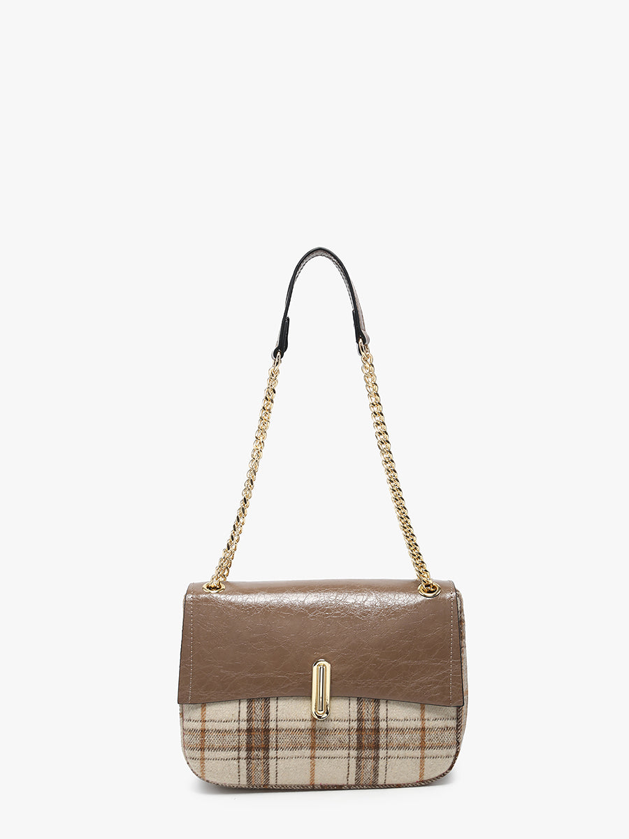 Winter Vegan Plaid Shoulder Bag Rust Cream - Jen & Co. vegan handbag