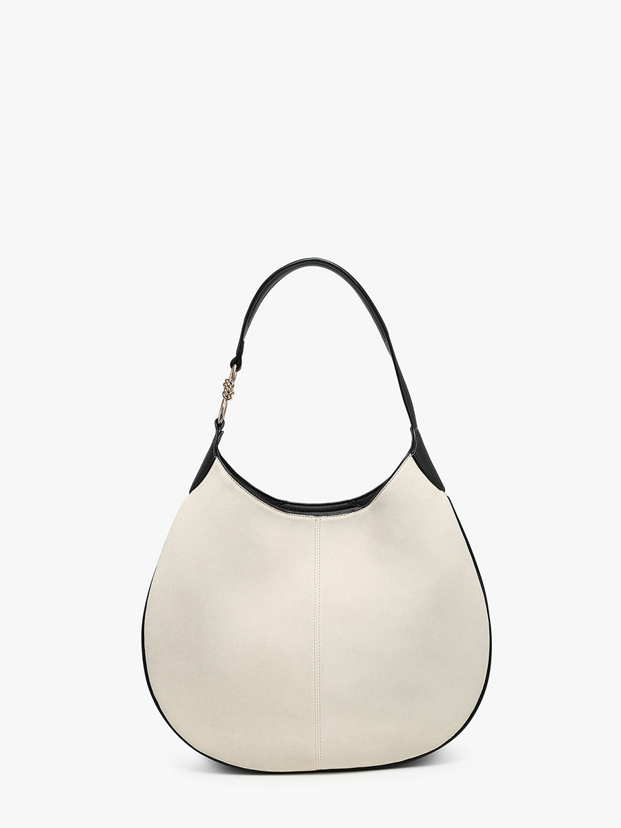 Vanessa Vegan Suede Hobo Off White Black - Jen & Co. vegan handbag