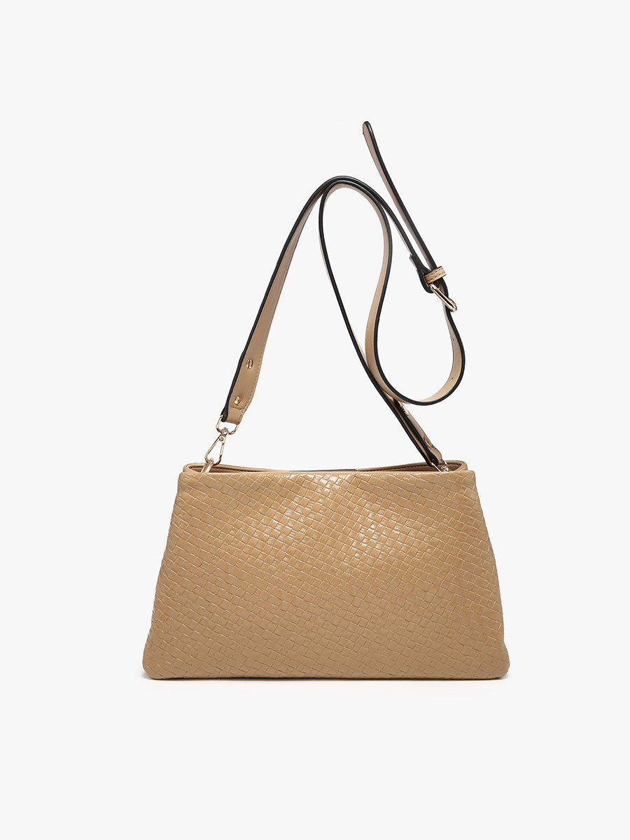 Hallie Vegan Faux Woven Crossbody in Tan - Jen & Co. vegan handbag