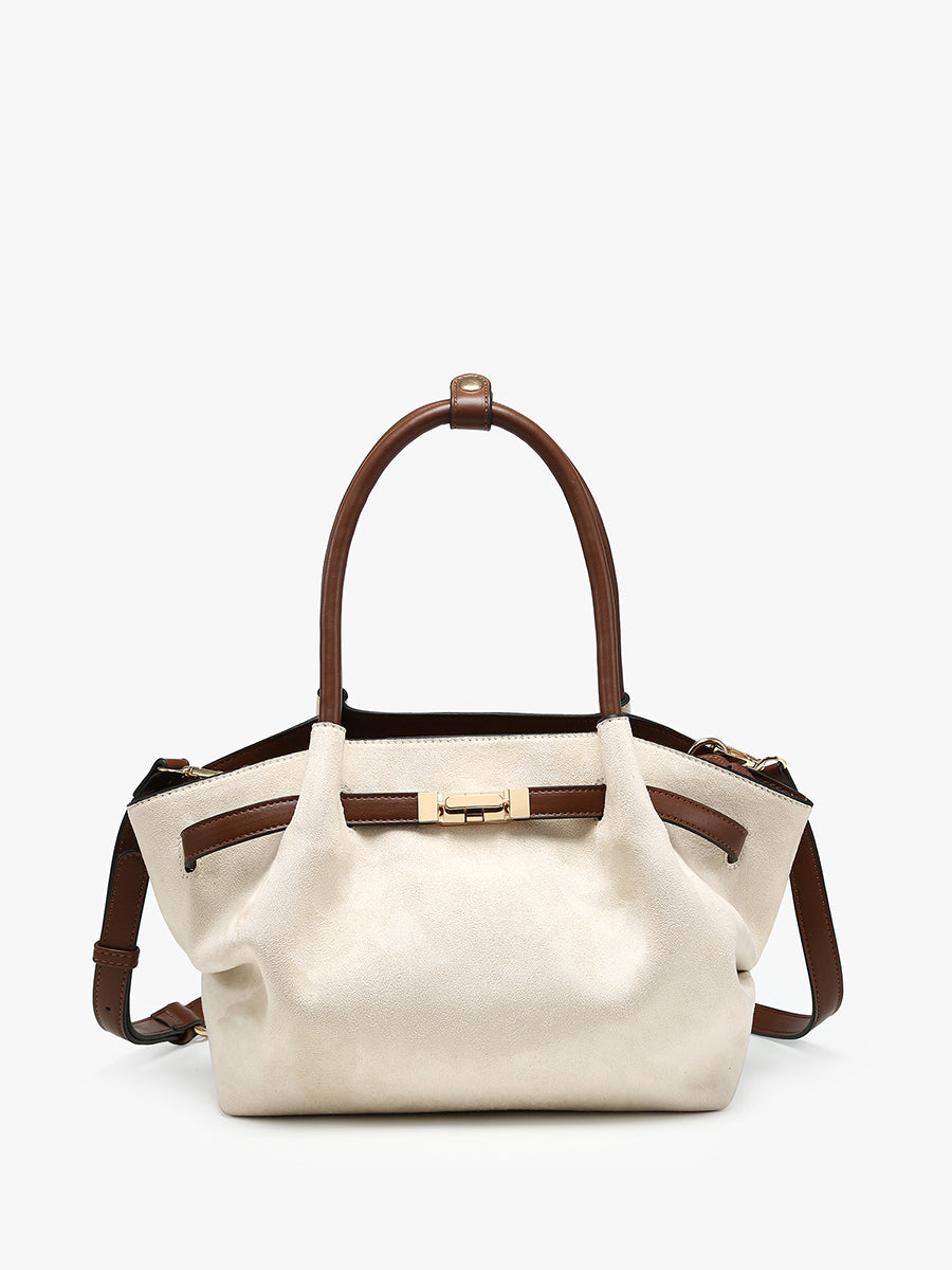 Lucia Faux Suede Satchel Off White Brown - Jen & Co. vegan handbag