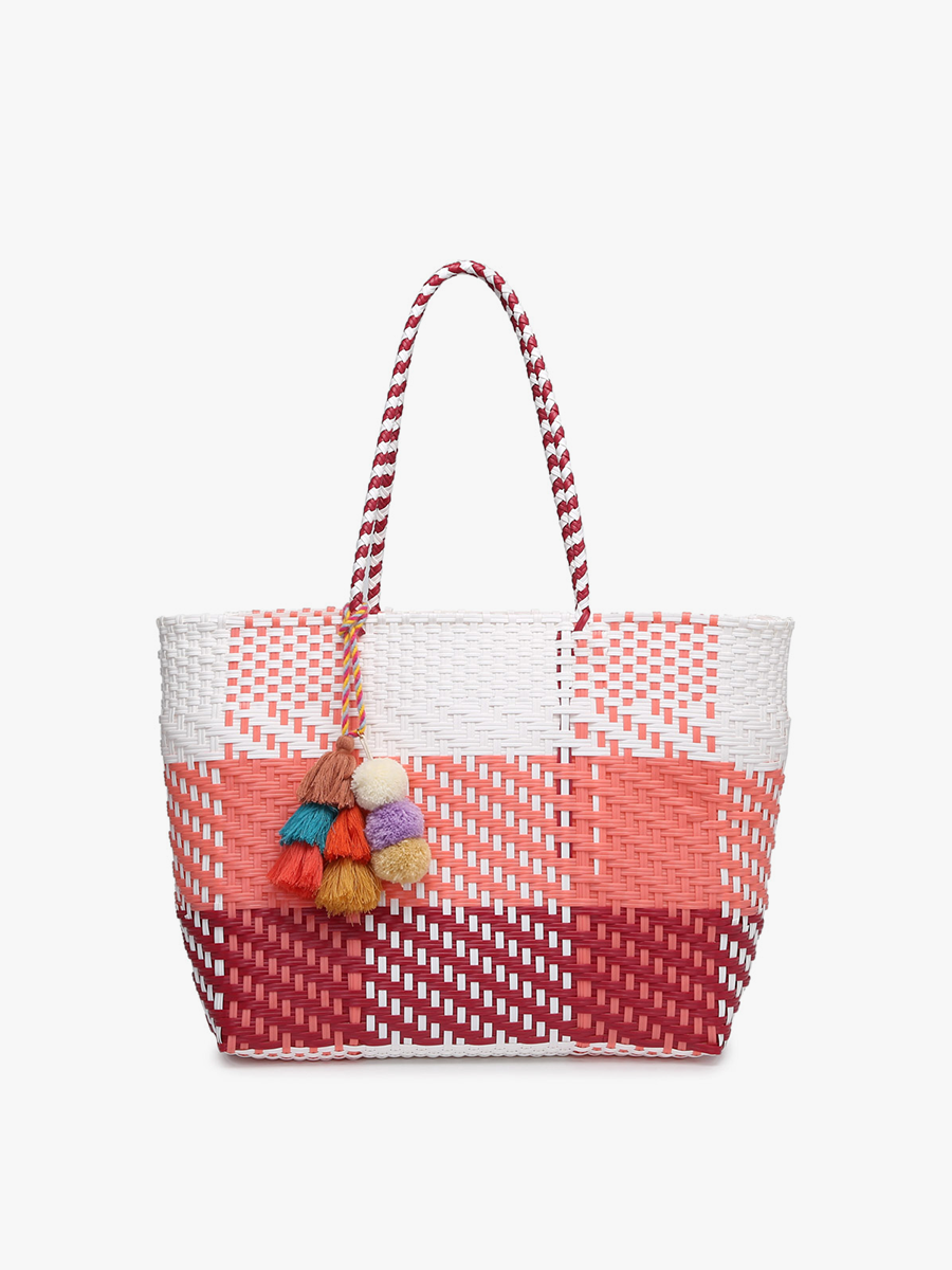 Sylvia Woven Tote in Plaid-Pink White - Jen & Co. vegan handbag
