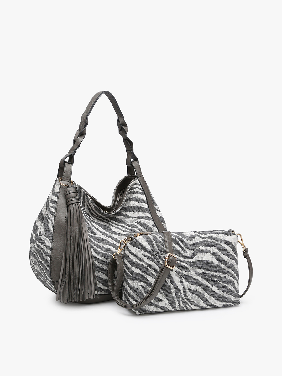 Nori Vegan Zebra Hobo in Grey - Jen & Co. vegan handbag