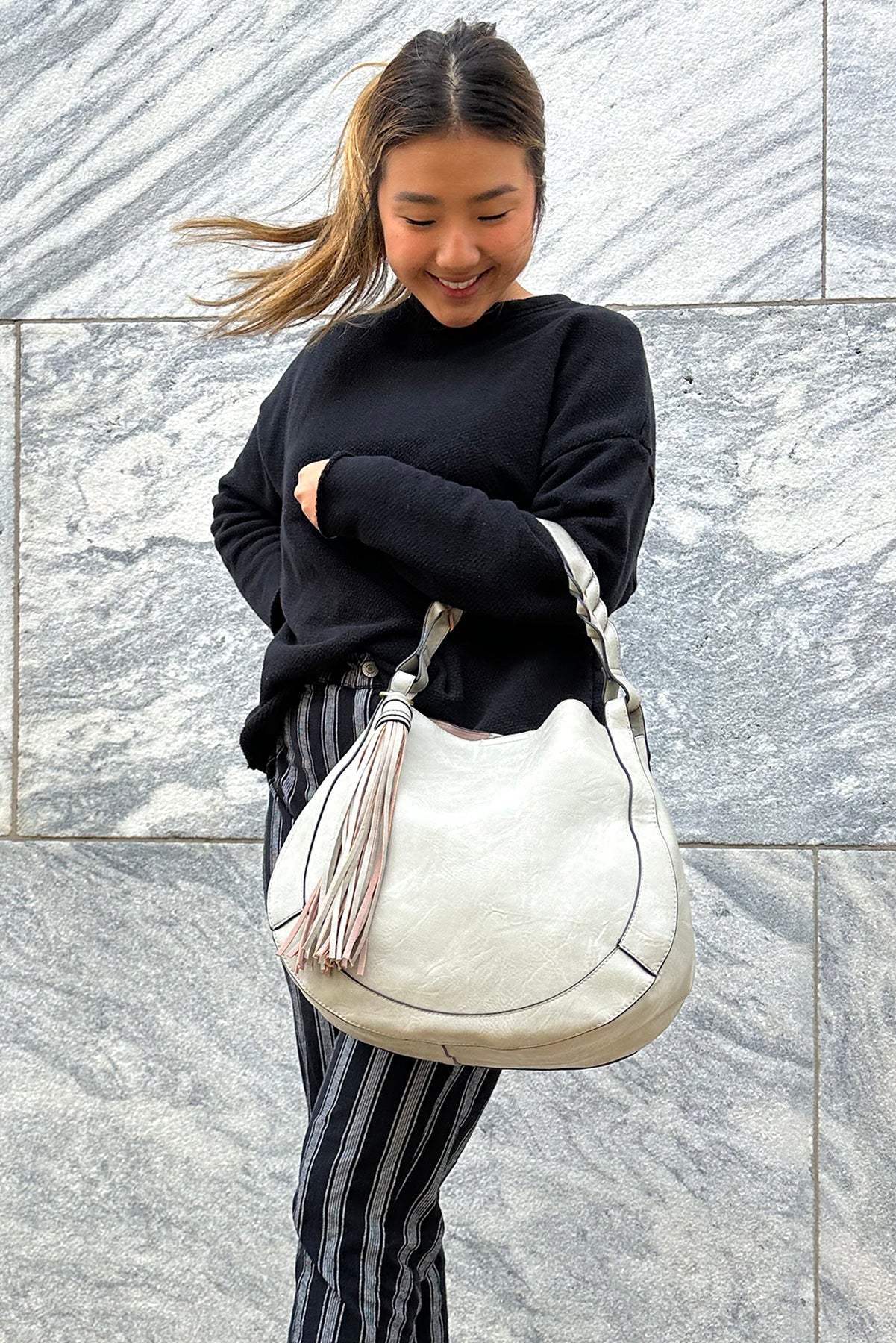 Eloise Vegan Large Tassel Hobo in - Jen & Co. vegan handbag
