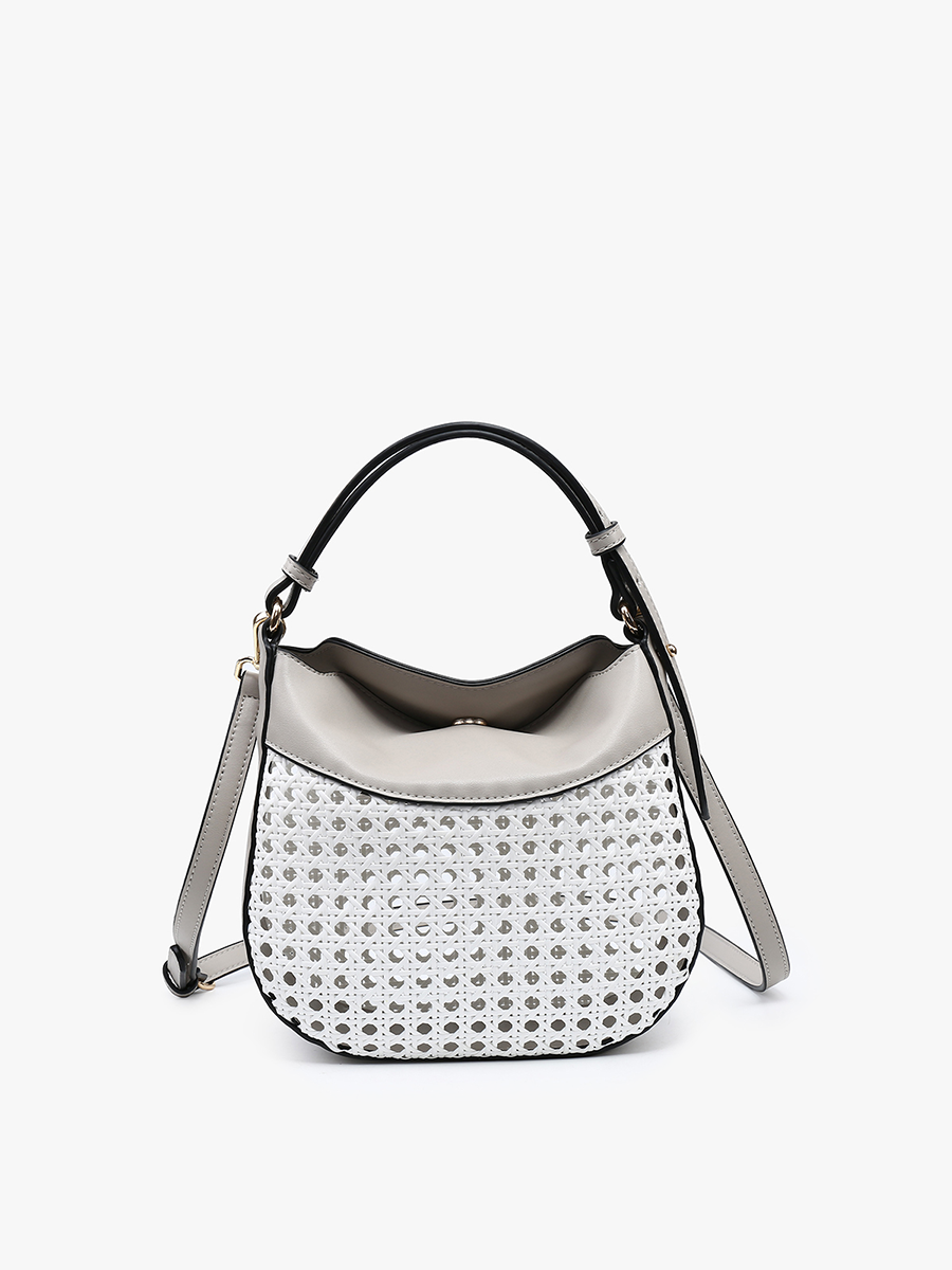 Evans Vegan Rattan Crossbody White Grey - Jen & Co. vegan handbag