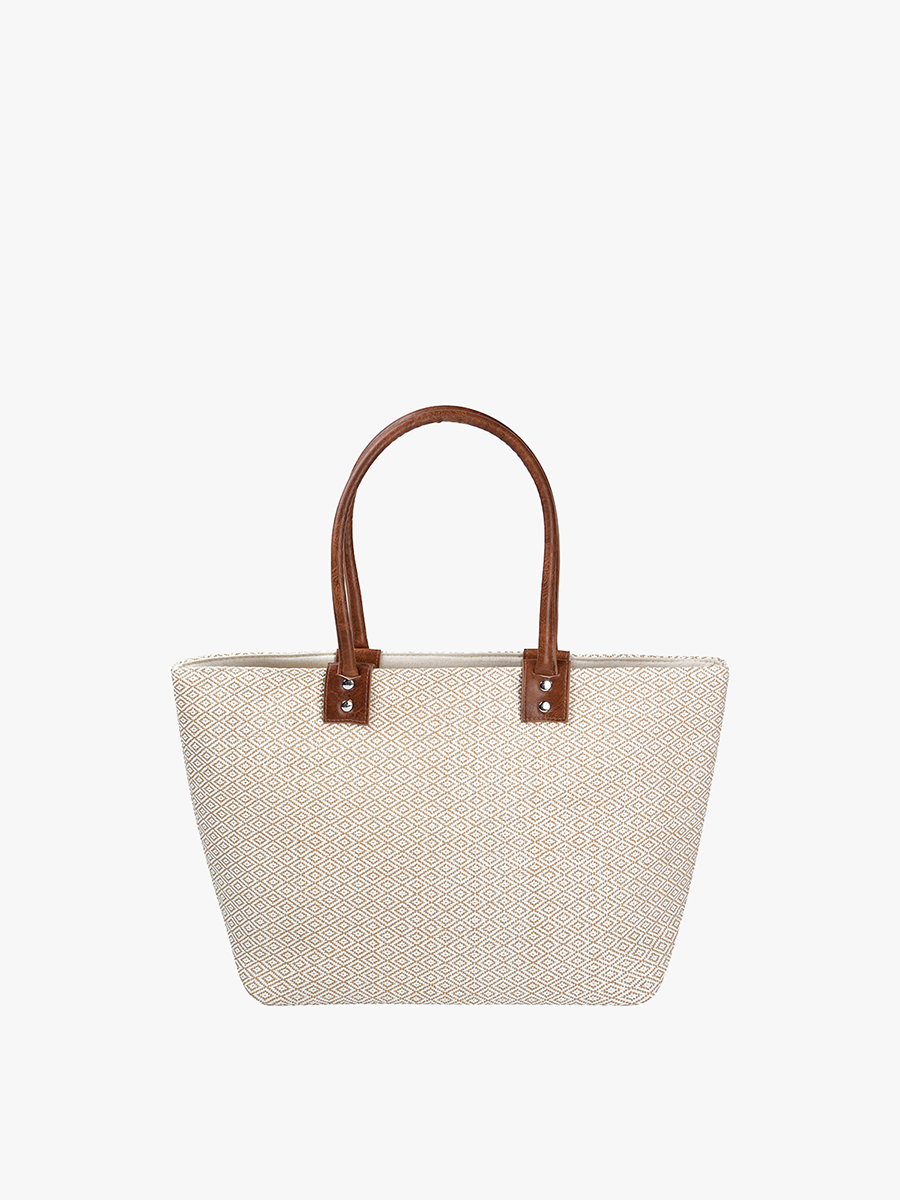 Angelica Vegan Aztec Straw Tote in Tan - Jen & Co. vegan handbag