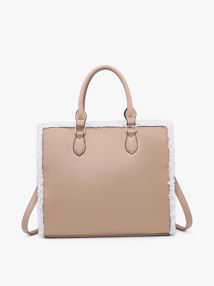 Bevin Vegan Sherpa Trim Tote in Off White Taupe - Jen & Co. vegan handbag