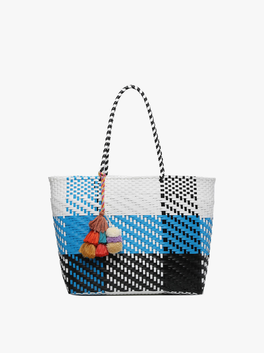 Sylvia Woven Tote in Plaid-Blue White - Jen & Co. vegan handbag