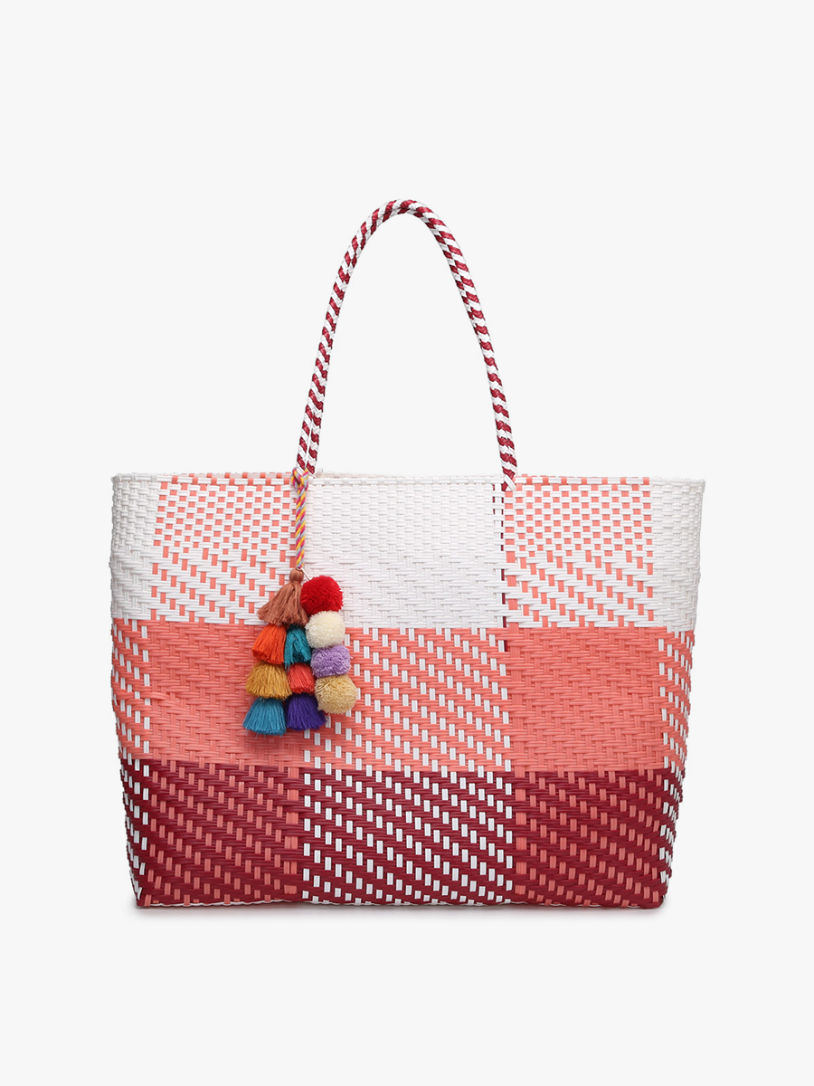 Allie Woven Tote in Plaid-Pink White - Jen & Co. vegan handbag