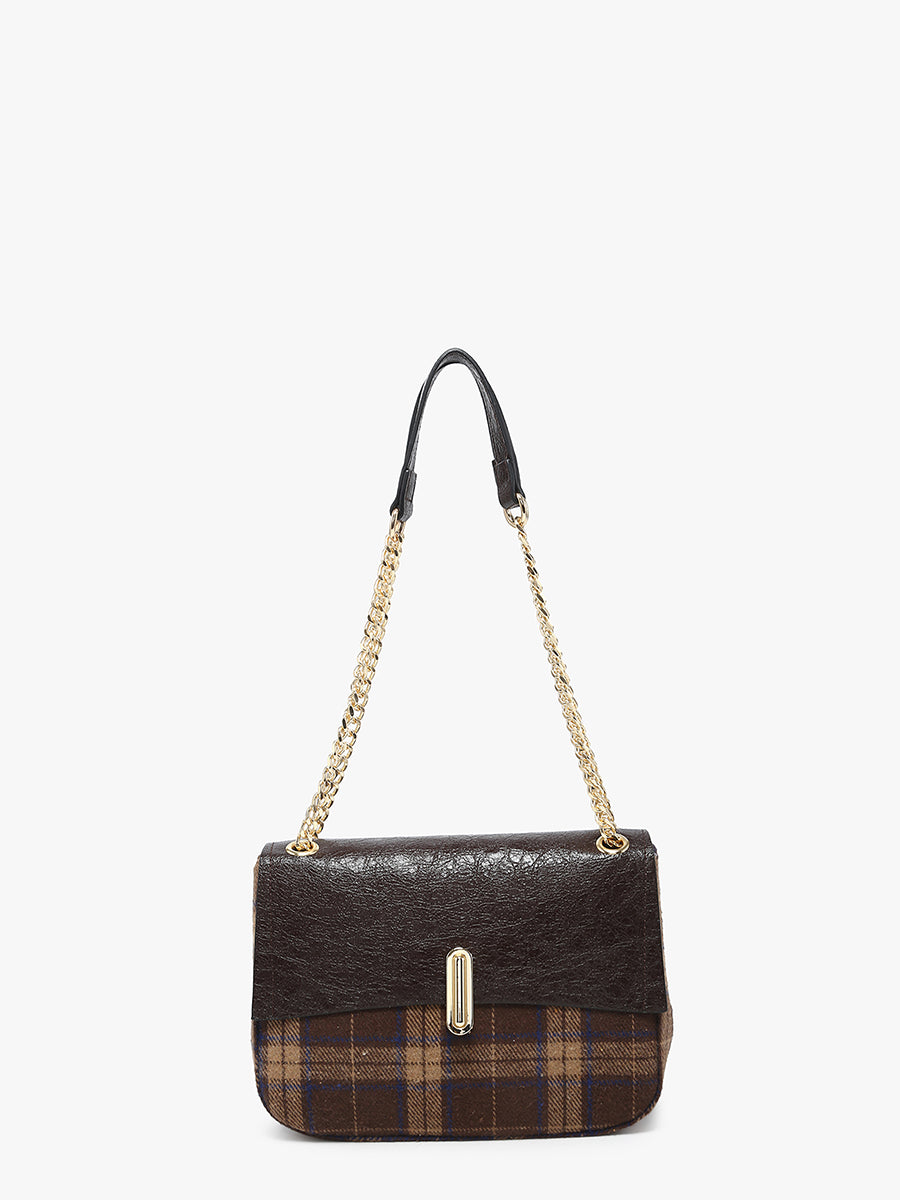 Winter Vegan Plaid Shoulder Bag Brown Tan - Jen & Co. vegan handbag