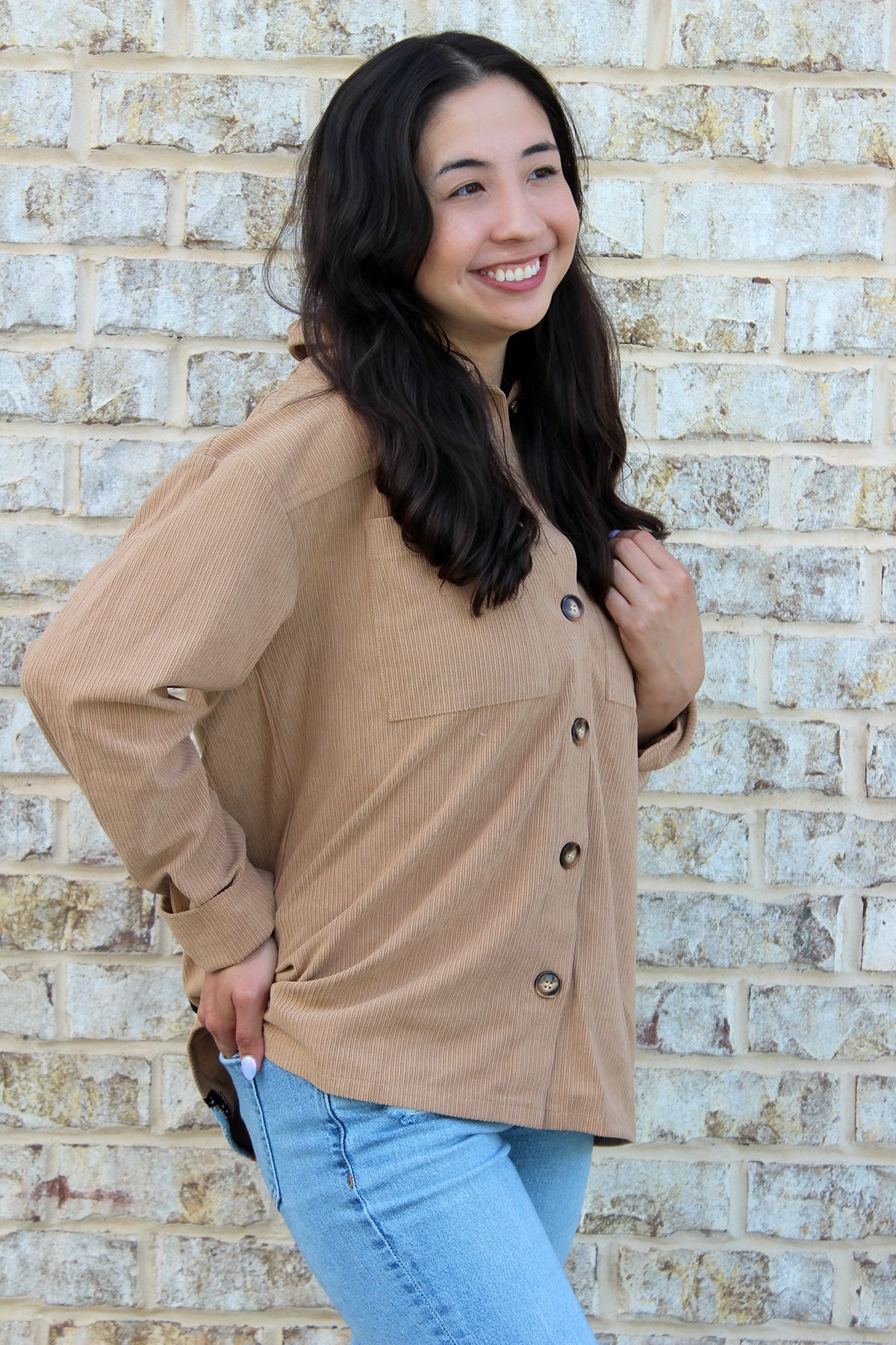 Pandora Patchwork Shacket in Tan - Jen & Co. vegan handbag