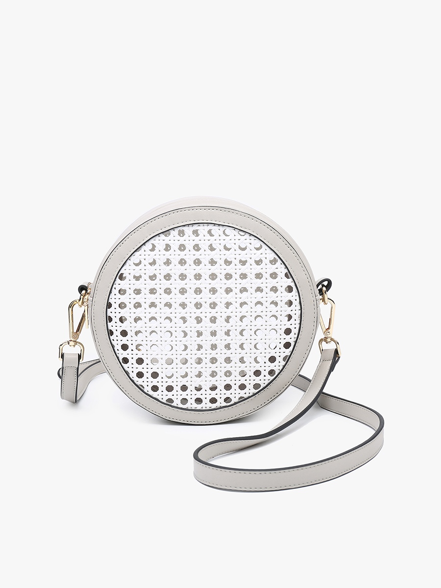 Frances Vegan Rattan Circ Crossbody White Grey - Jen & Co. vegan handbag