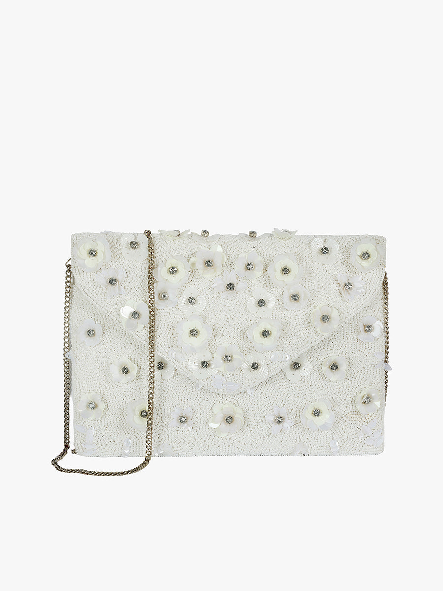 Dolly Beaded Clutch White Flowers - Jen & Co. vegan handbag