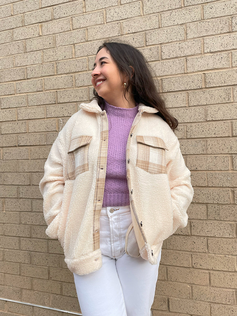 Dora Plaid Accent Shacket in - Jen & Co. vegan handbag