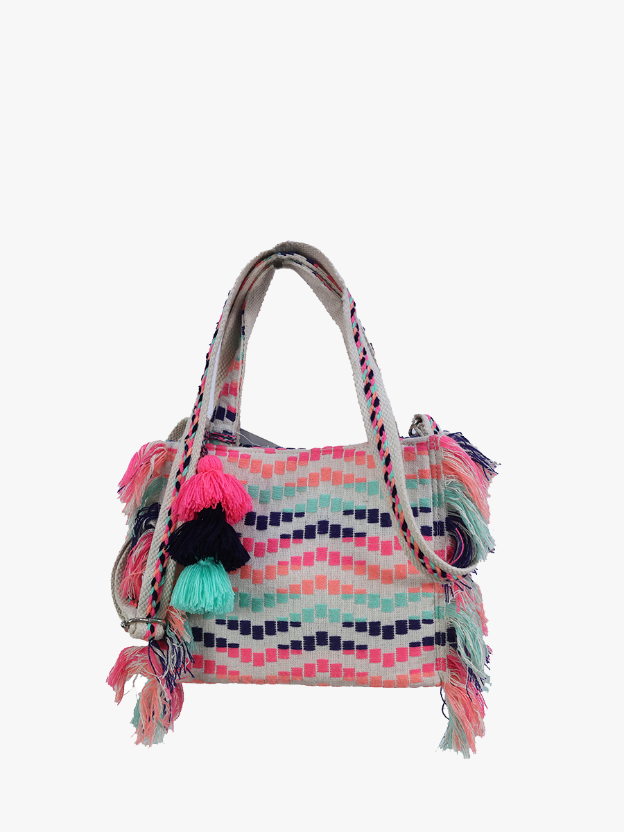 Gwenyth Boho Striped Tote Turquoise Pink - Jen & Co. vegan handbag