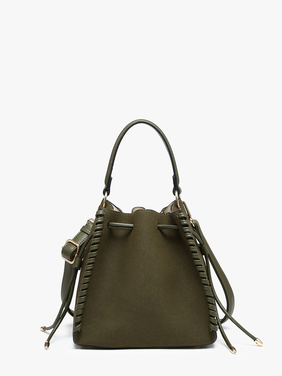 Elsa Vegan Suede Bucket Bag Olive - Jen & Co. vegan handbag