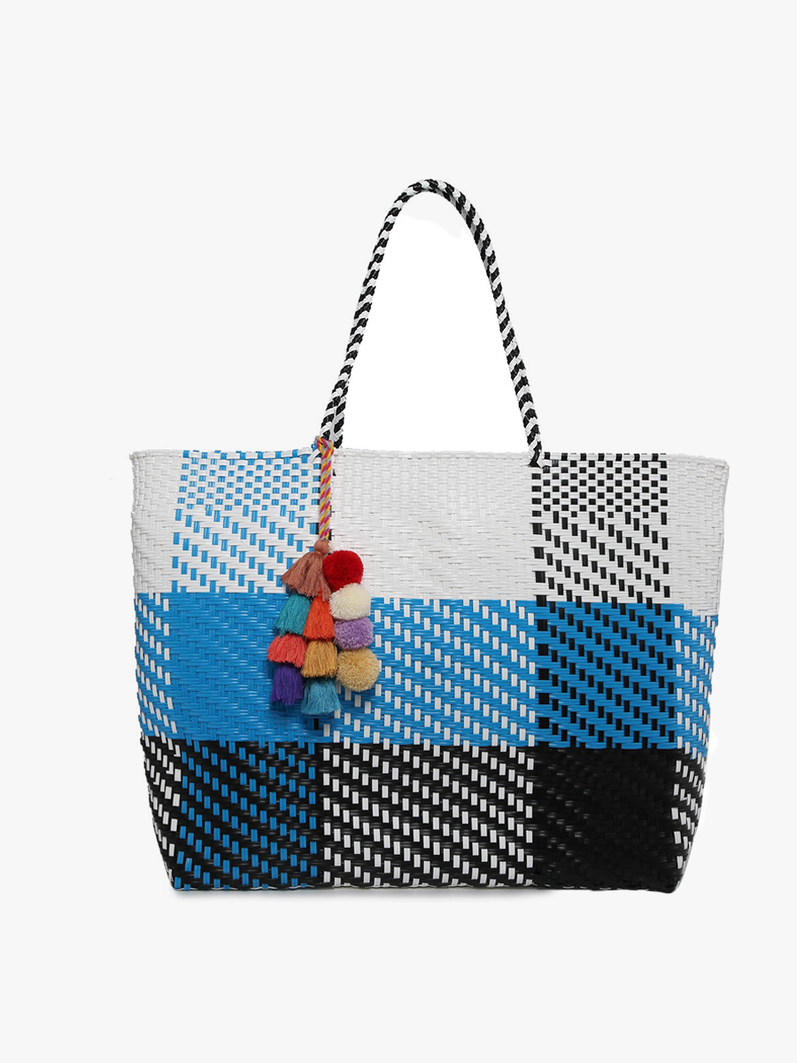 Allie Woven Tote in Plaid-Blue White - Jen & Co. vegan handbag