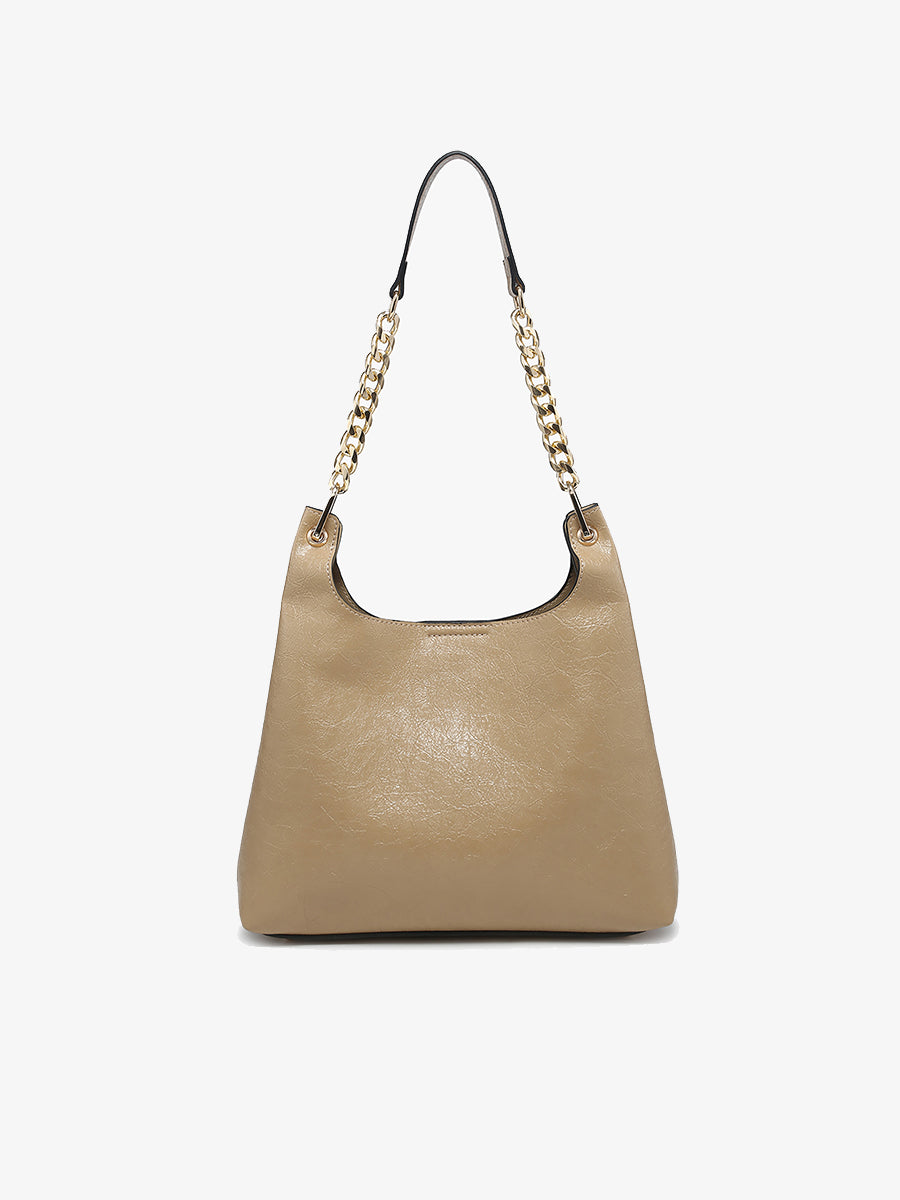 Birch Vegan Gloss Shoulder Bag Taupe - Jen & Co. vegan handbag