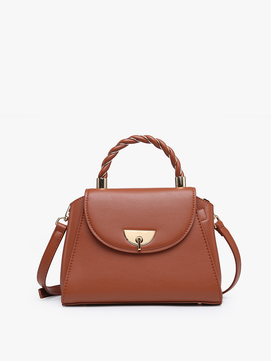 Clarke Vegan Twist Lock Satchel in Brown - Jen & Co. vegan handbag