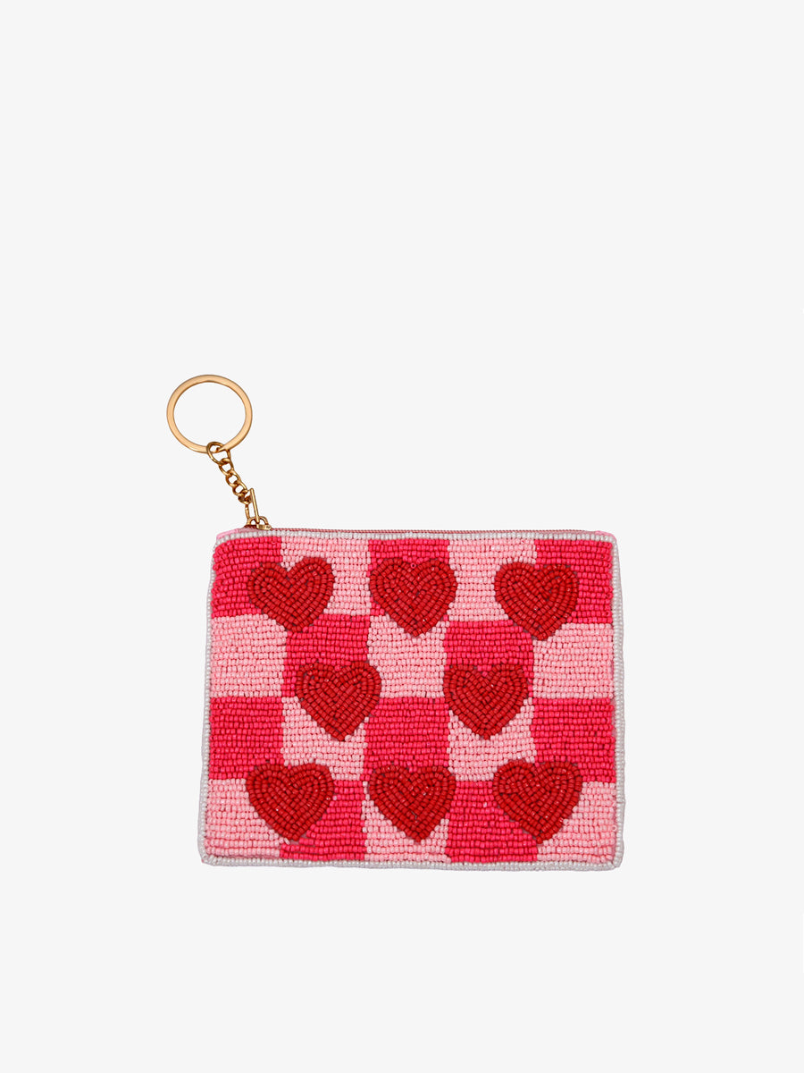 Ricki Beaded Coin Pouch Checkered Red Hearts - Jen & Co. vegan handbag