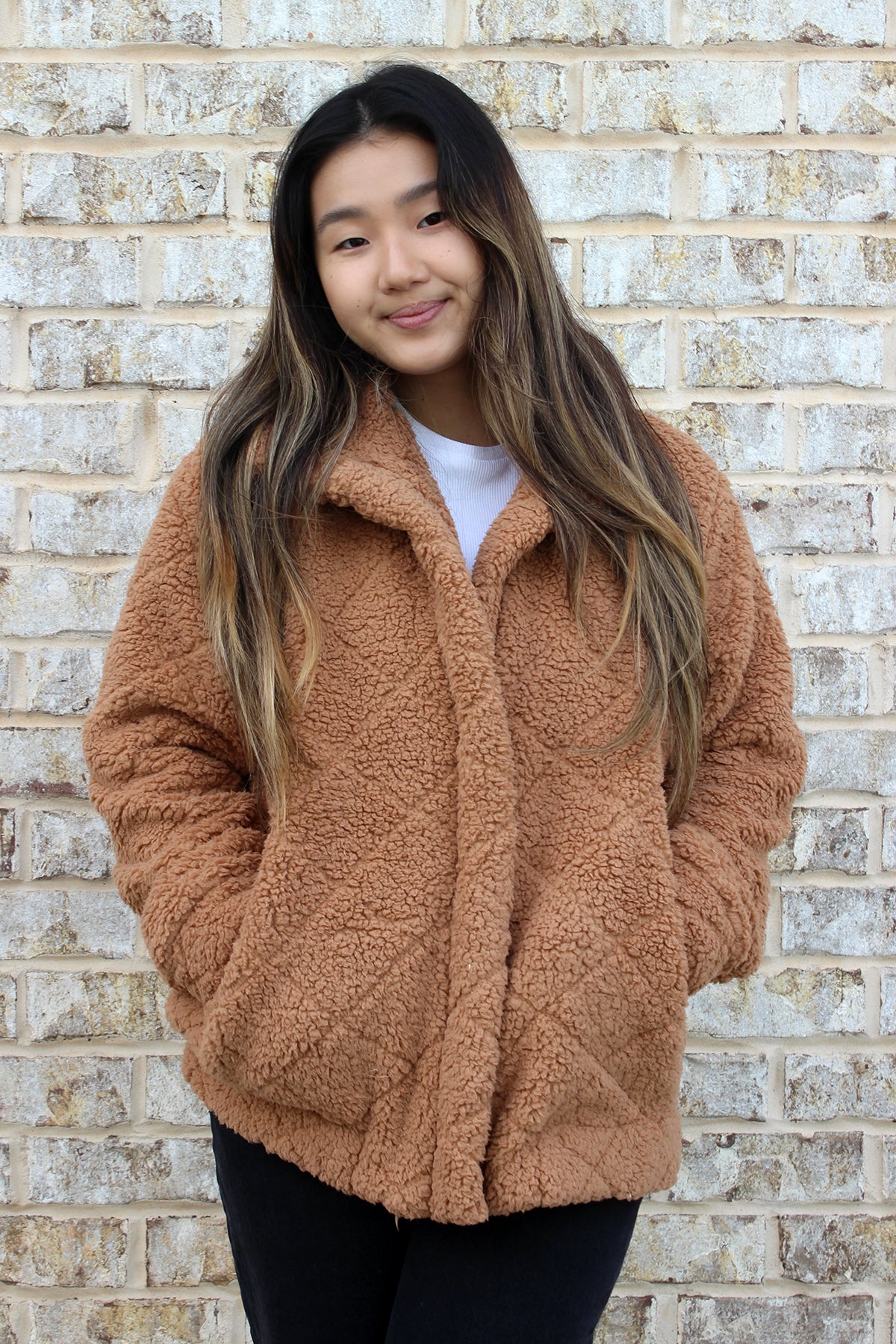Candie Diamond Sherpa Jacket in Tan - Jen & Co. vegan handbag