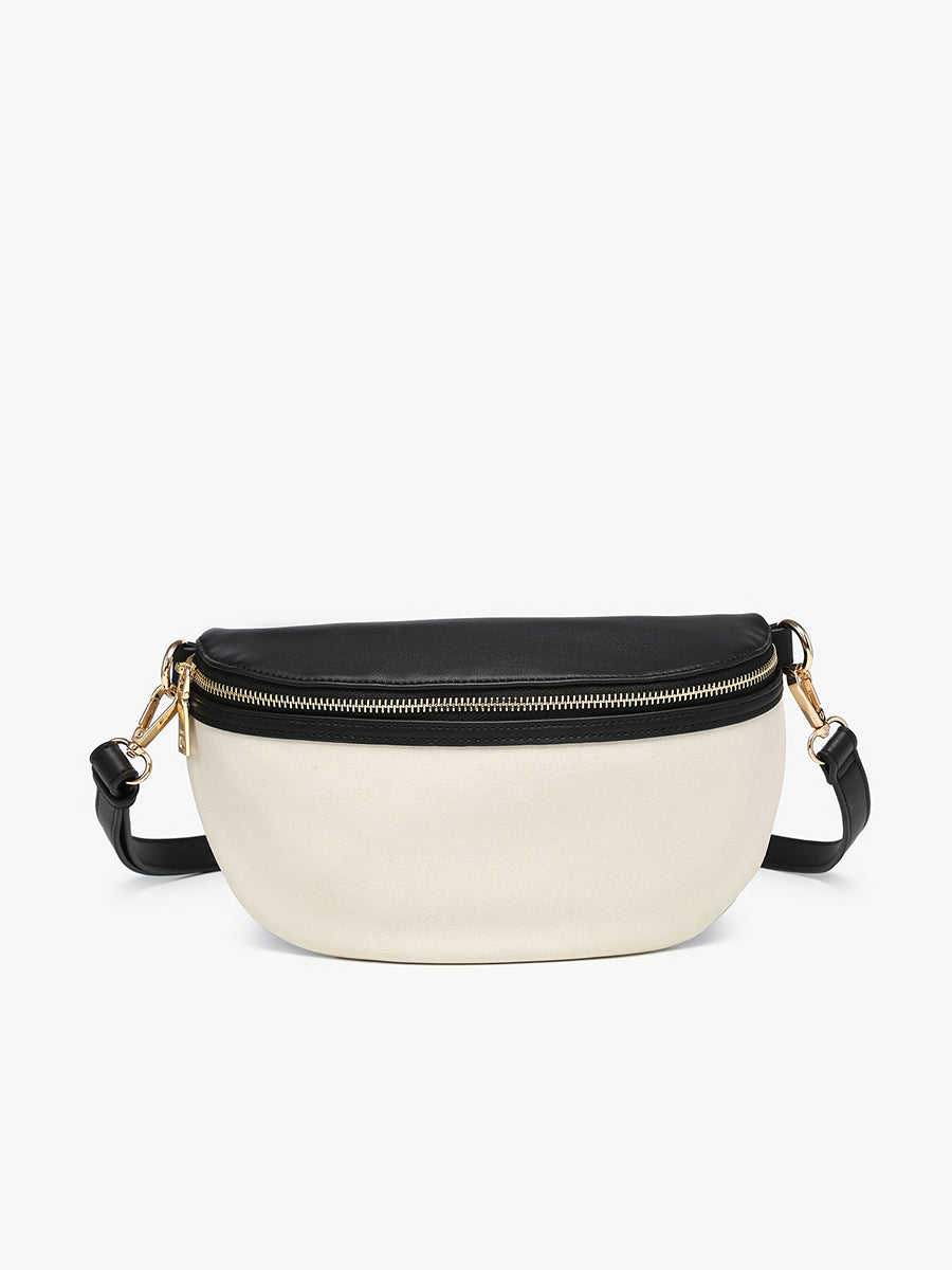 Regina Vegan Suede Sling Bag Off White Black - Jen & Co. vegan handbag