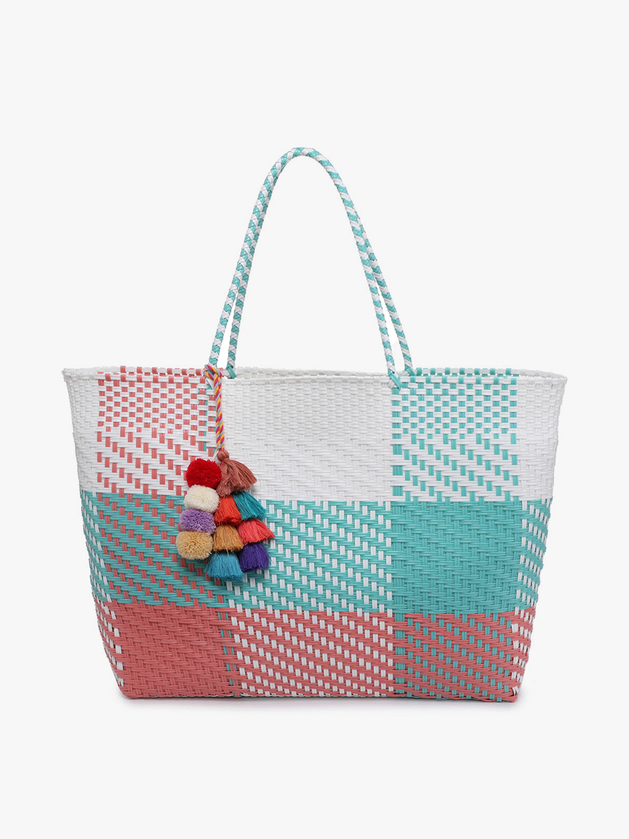 Shelby Handwoven Tote in Plaid-Turquoise Pink - Jen & Co. vegan handbag