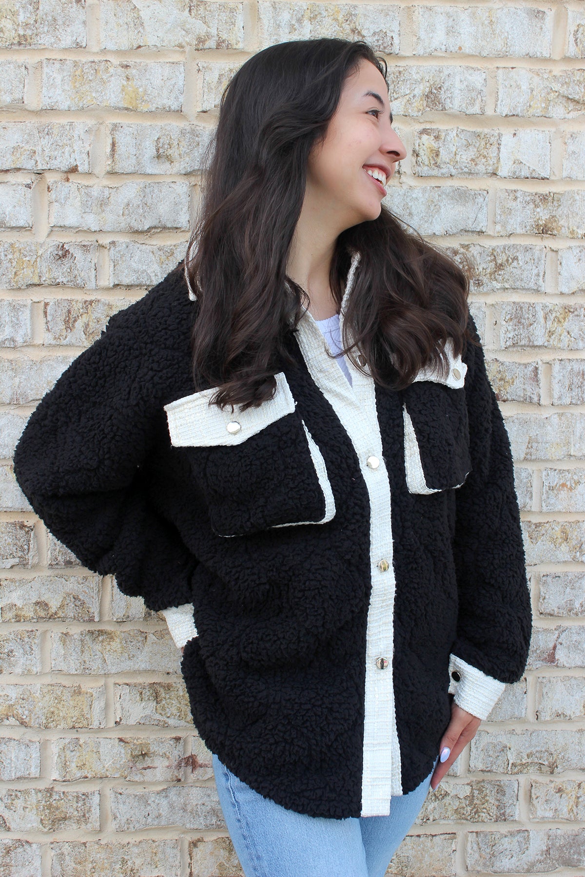 Myrtle Sherpa/Tweed Shacket in Black S M - Jen & Co. vegan handbag