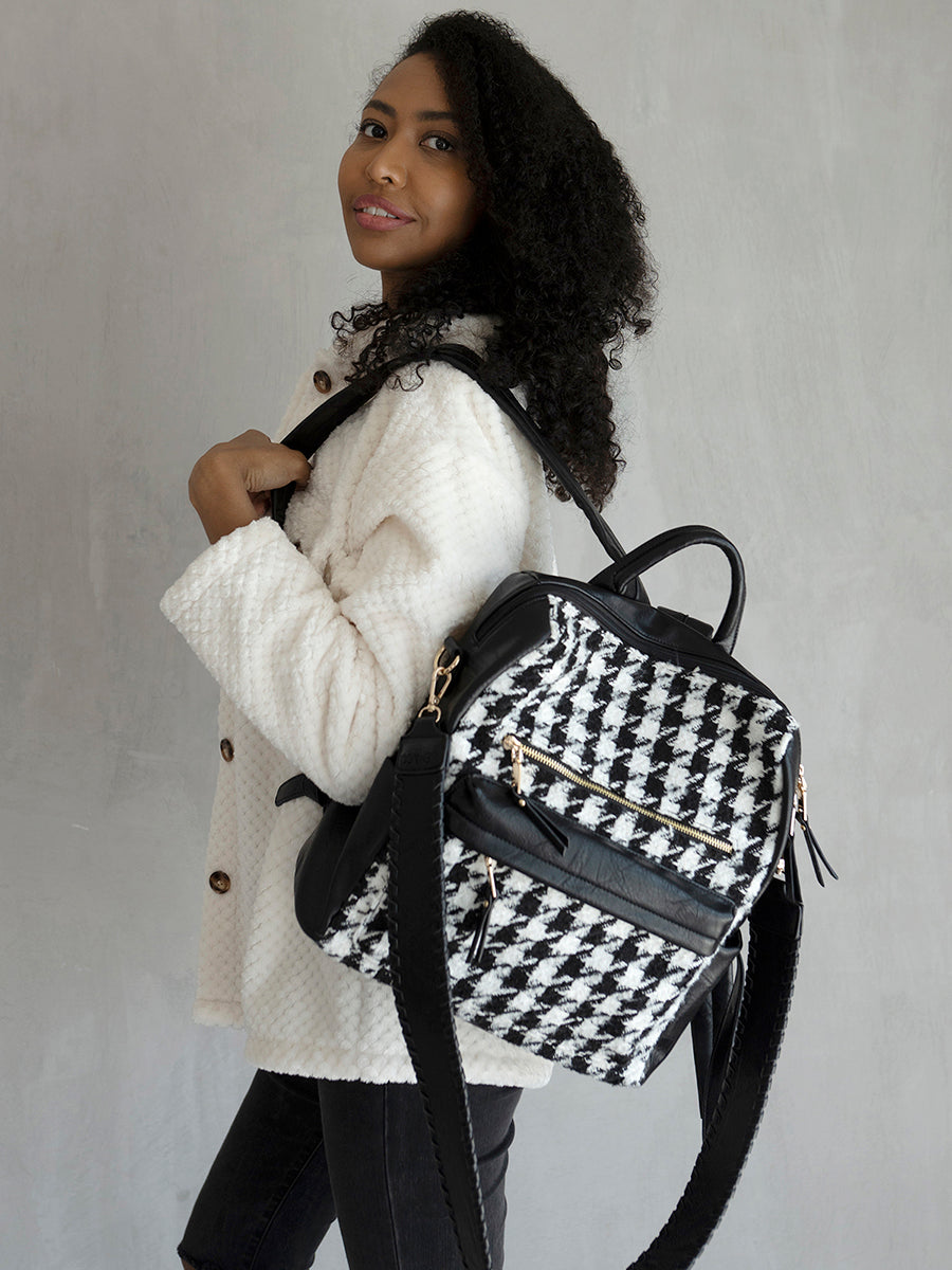 Amelia Houndstooth Backpack | Vegan Leather Accents – Jen & Co.
