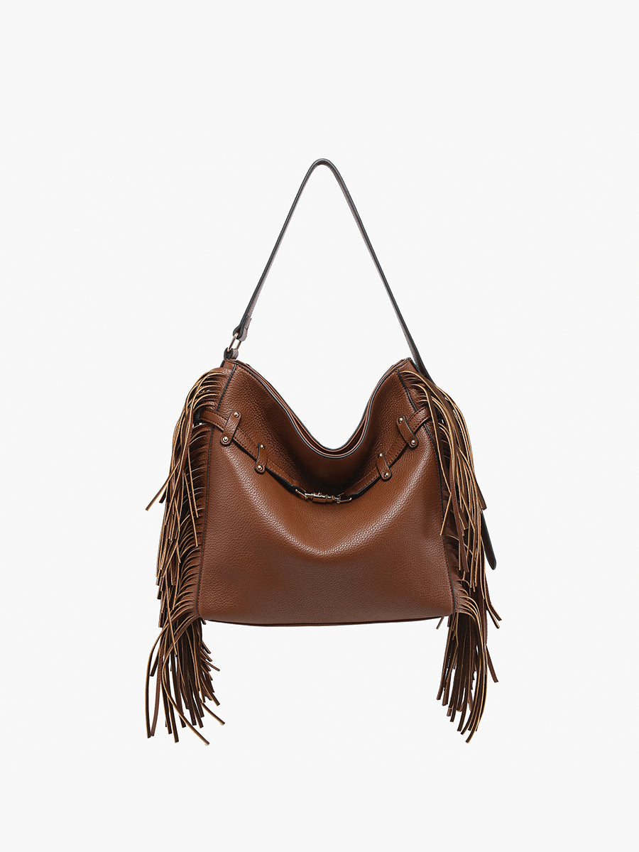 Eva Vegan Fringe Satchel Brown - Jen & Co. vegan handbag