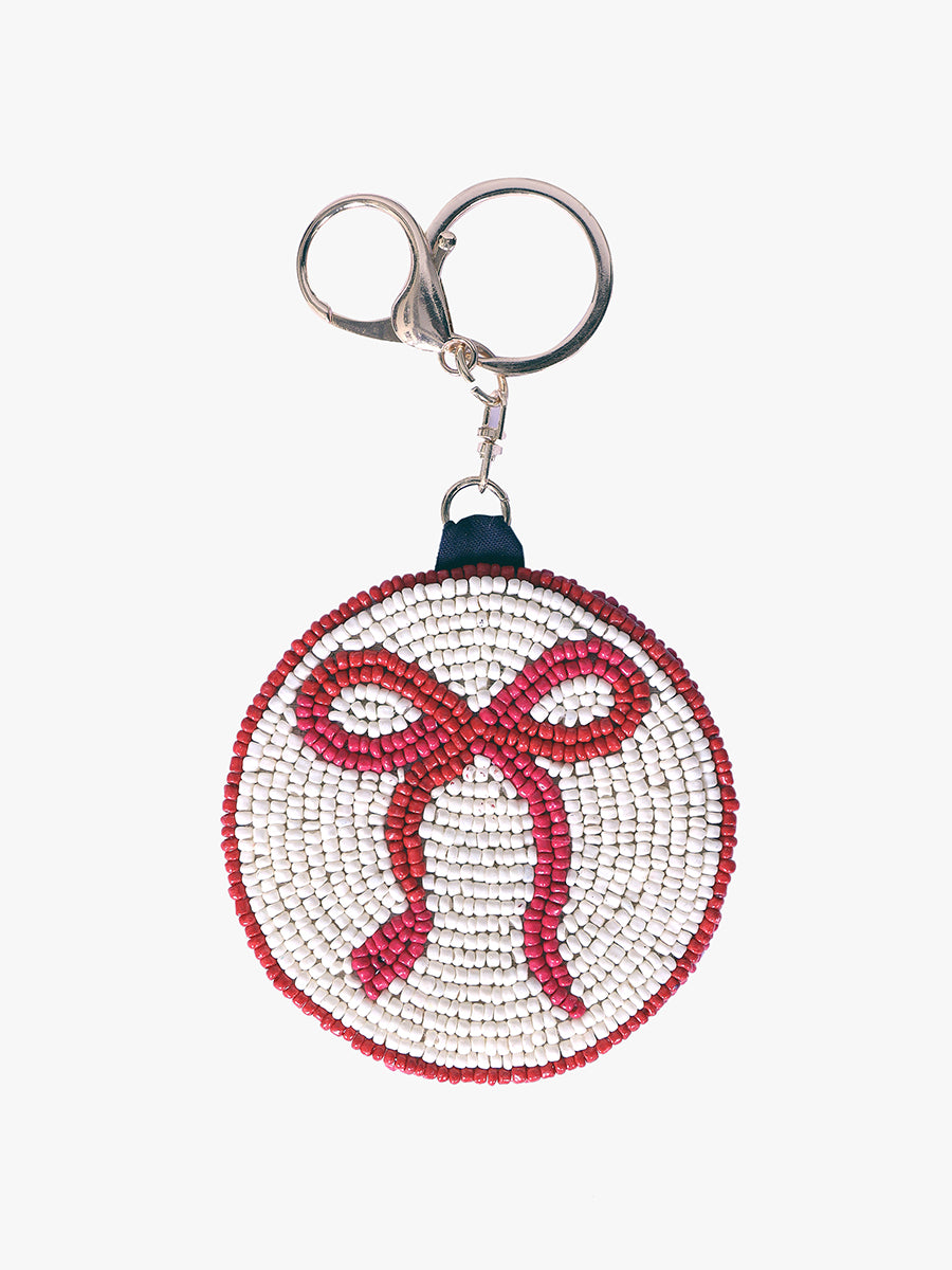 Beaded Bag Charm Red White Bow - Jen & Co. vegan handbag