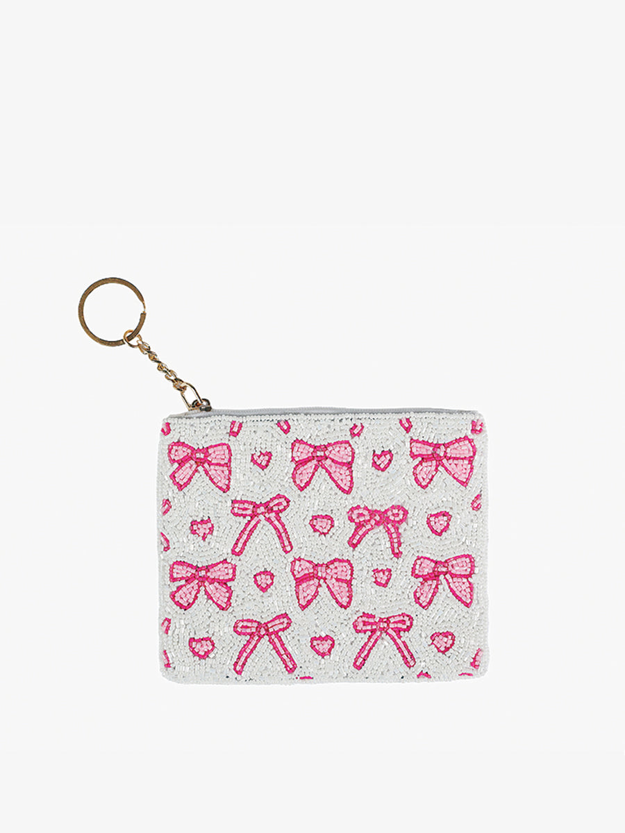 Ricki Beaded Coin Pouch Pink Bows and Hearts - Jen & Co. vegan handbag