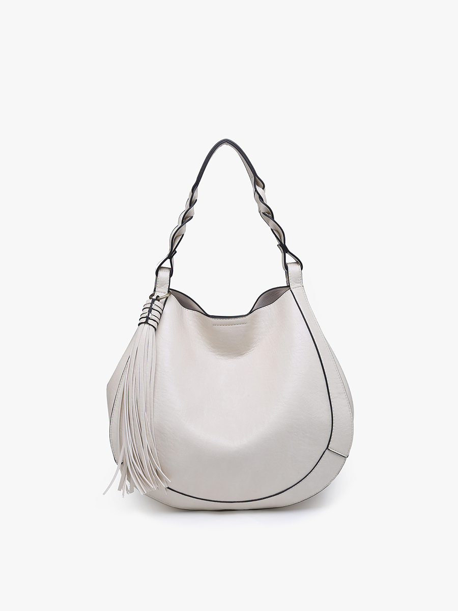 Eloise Vegan Large Tassel Hobo in Off White - Jen & Co. vegan handbag