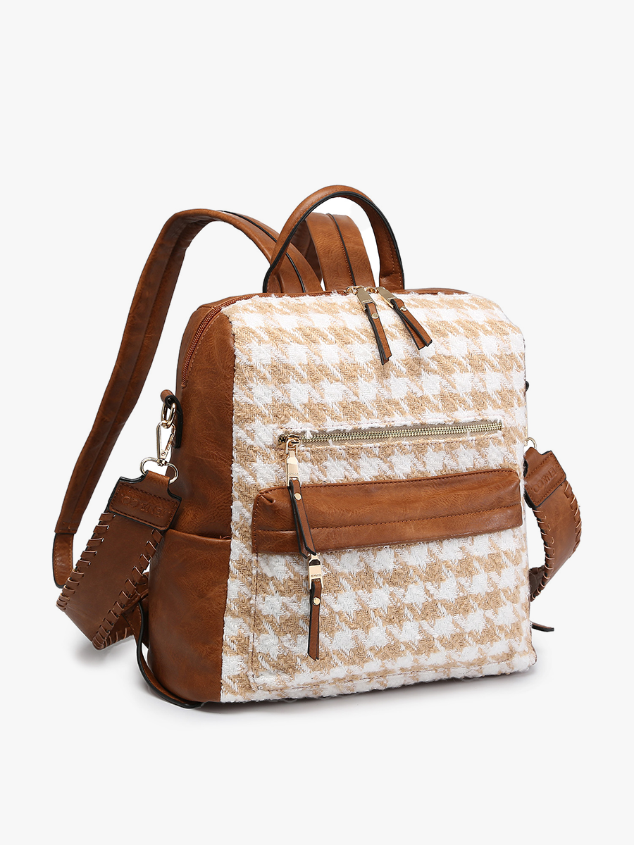 Amelia Vegan Houndstooth Backpack in Sand White - Jen & Co. vegan handbag