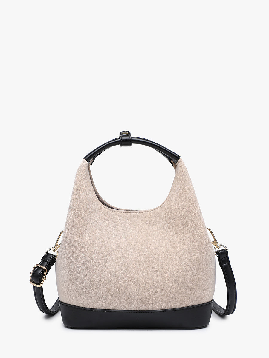 McKenna Vegan Suede Bucket Bag Off White Black - Jen & Co. vegan handbag