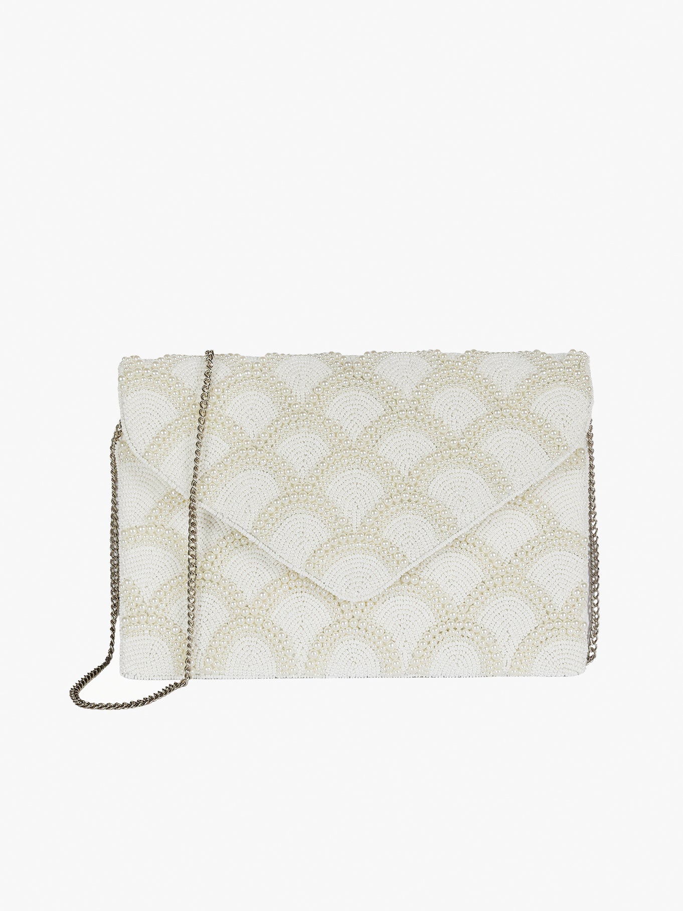 Dolly Beaded Clutch White Scalloped - Jen & Co. vegan handbag