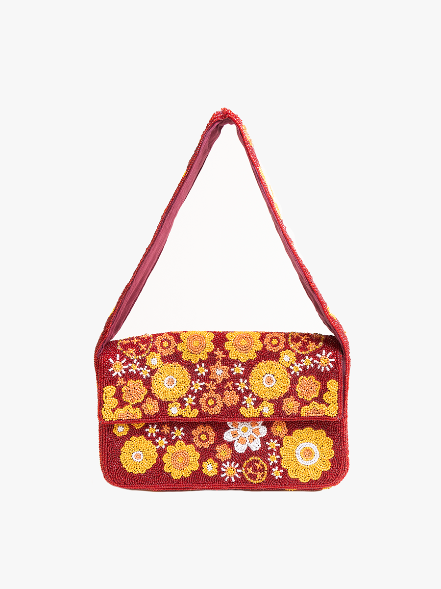 Tana Beaded Shoulder Bag Wine Floral - Jen & Co. vegan handbag