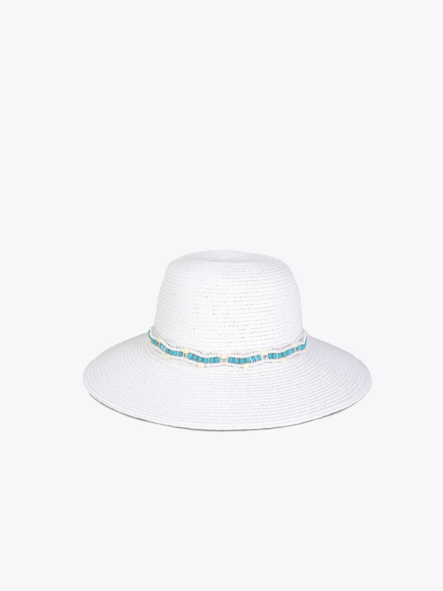 Viola Turquoise Bead Straw Hat White - Jen & Co. vegan handbag