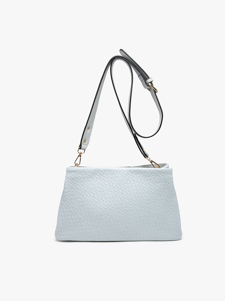 Hallie Vegan Faux Woven Crossbody in Grey-Blue - Jen & Co. vegan handbag