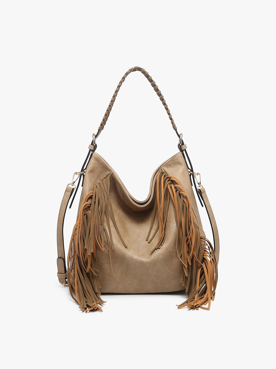 Sav Vegan Fringe Hobo in Taupe - Jen & Co. vegan handbag