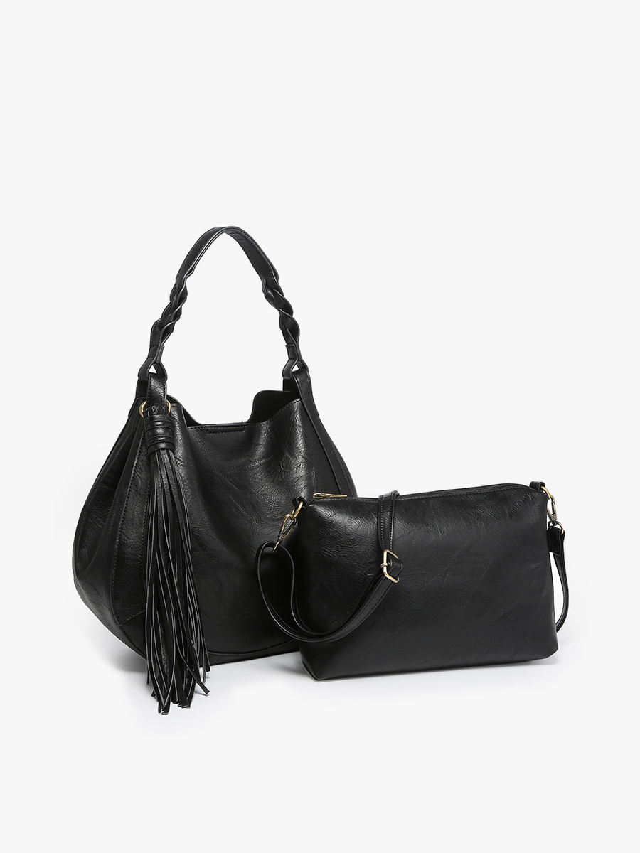 Eloise Vegan Large Tassel Hobo in Black - Jen & Co. vegan handbag