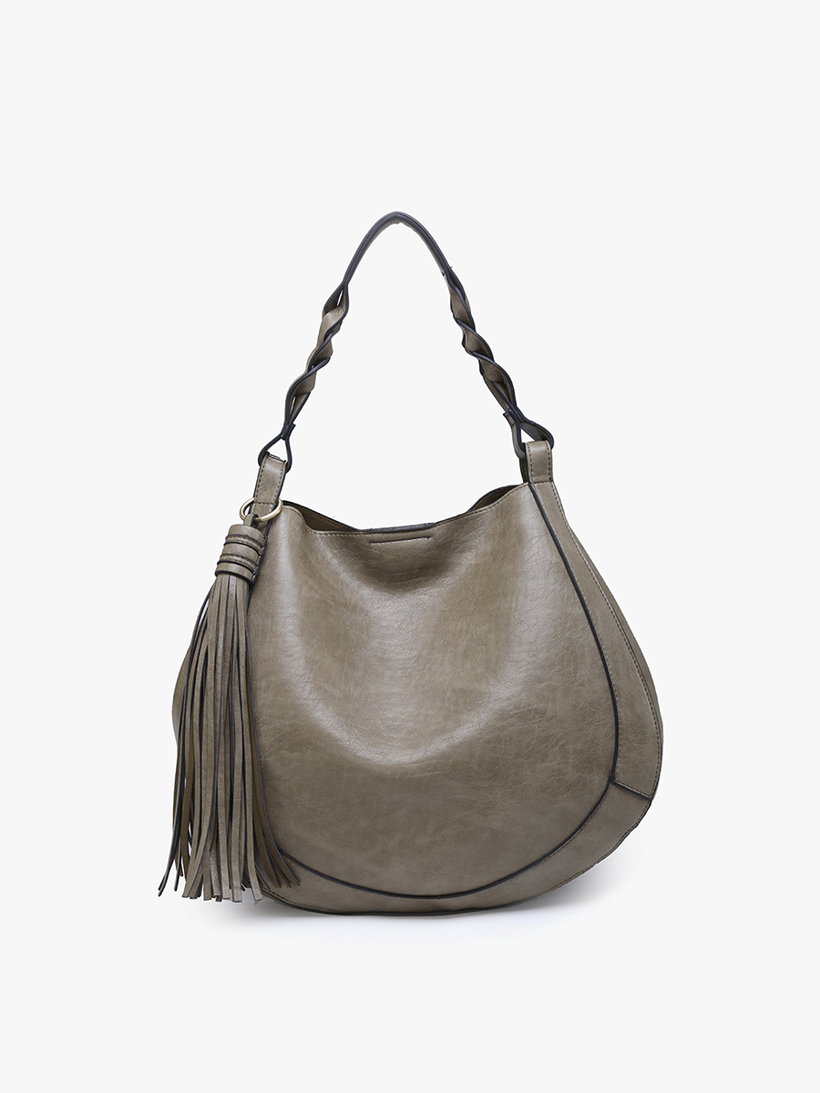 Eloise Vegan Large Tassel Hobo in Lt. Olive - Jen & Co. vegan handbag