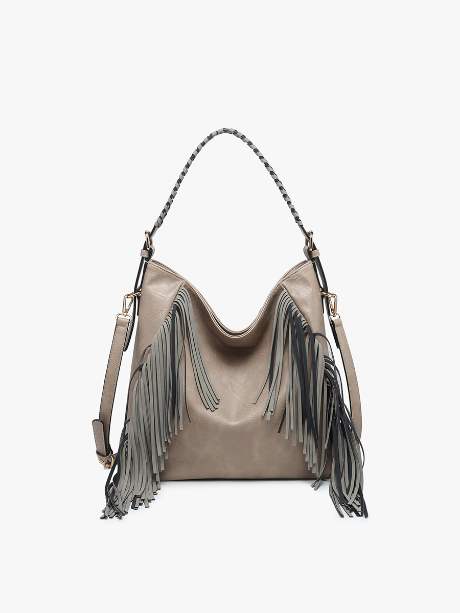 Sav Vegan Fringe Hobo in Grey - Jen & Co. vegan handbag