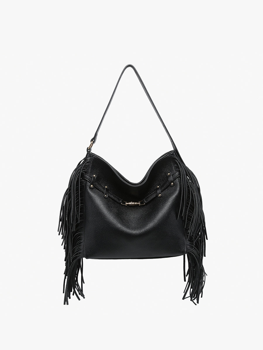 Eva Vegan Fringe Satchel Black - Jen & Co. vegan handbag
