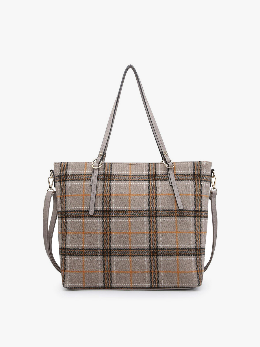 Ingrid Vegan Tote in Plaid-Khaki - Jen & Co. vegan handbag